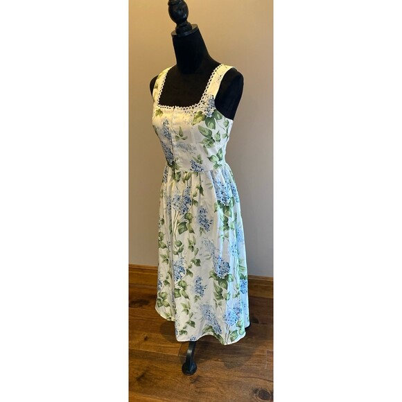 Floral Midi Dress Sz Large Blue White Cottagecore Sundress Lace Trim Smocked - Picture 4 of 11